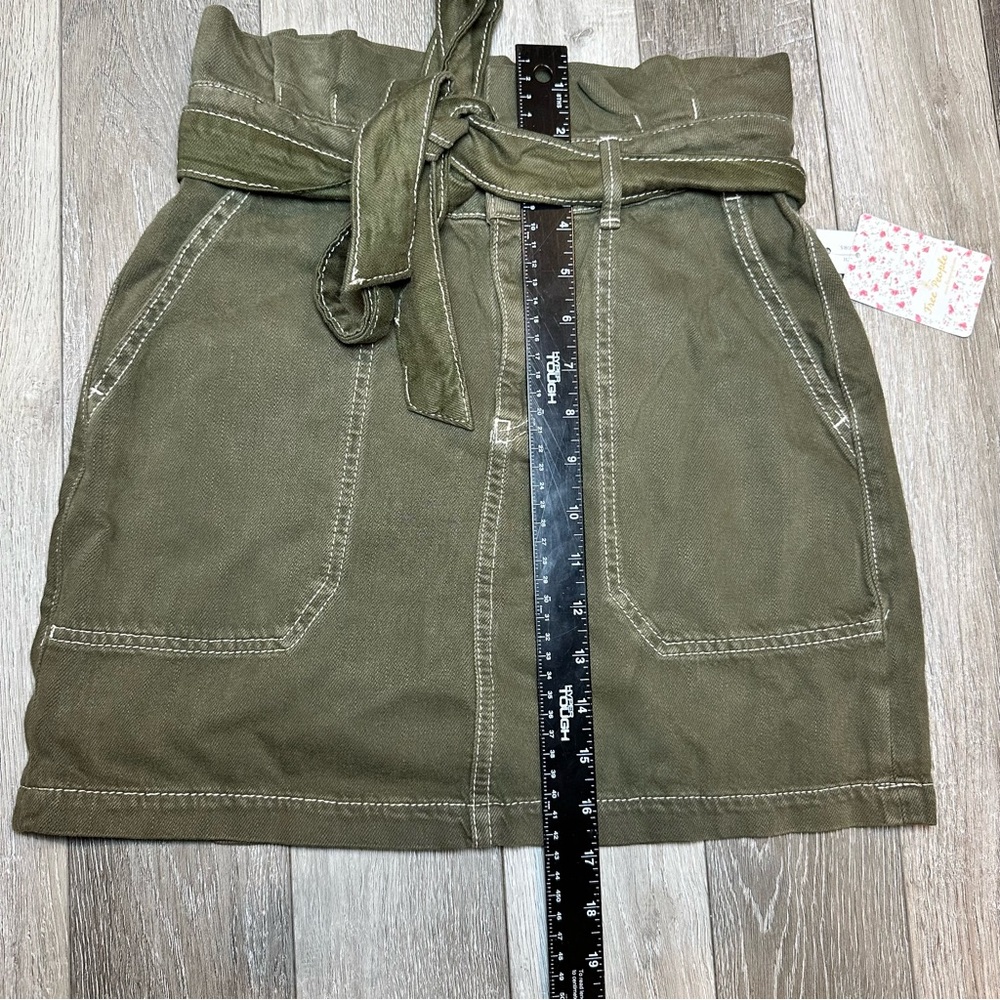 Free People Army Olive Green Paperbag Waist Belt Tie Boho Mini Skirt Pockets - Picture 9 of 11